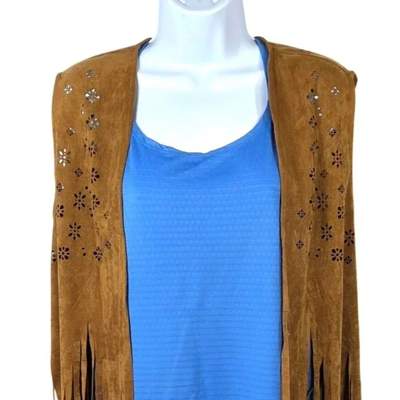Sleeveless Suede Fringe Boho Vest Flower Cutout Design Belle Tweed XL Brown - Picture 3 of 11